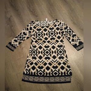White House Black Market Black and Cream Patterned Dress